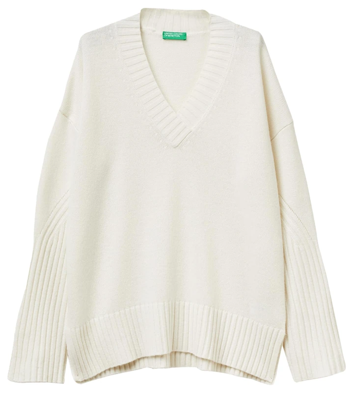 United Colors of Benetton V Neck Jersey M/L, White, M