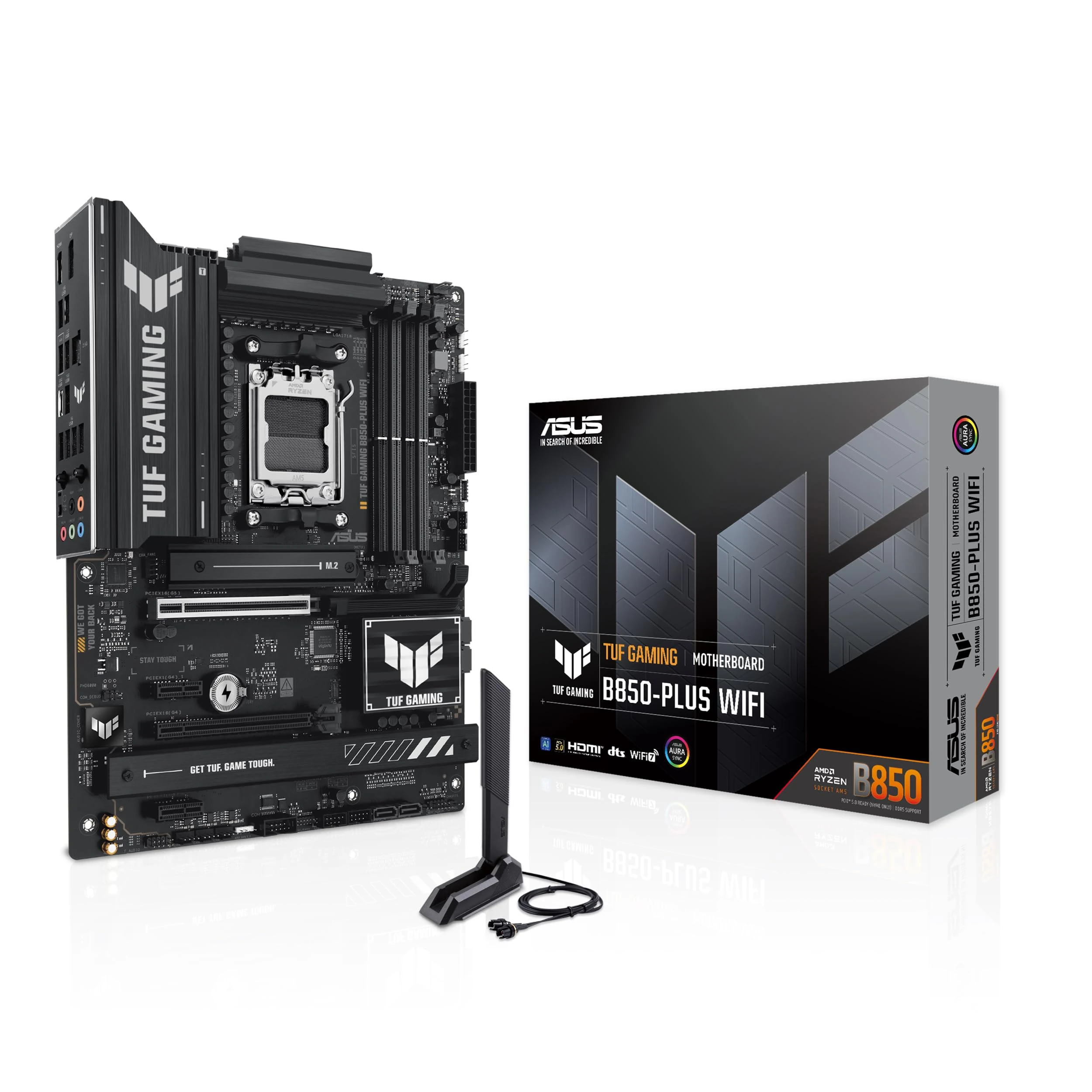 ASUS TUF Gaming B850-PLUS WiFi AMD AM5 B850 ATX Motherboard, 14+2+1 80A Stages, AI Ready, DDR5, PCIe 5.0, 3X M.2, Wi-Fi 7, 2.5Gb LAN, DisplayPort, HDMI™, USB 10Gbps & 20Gbps Type-C®, BIOS Flashback™