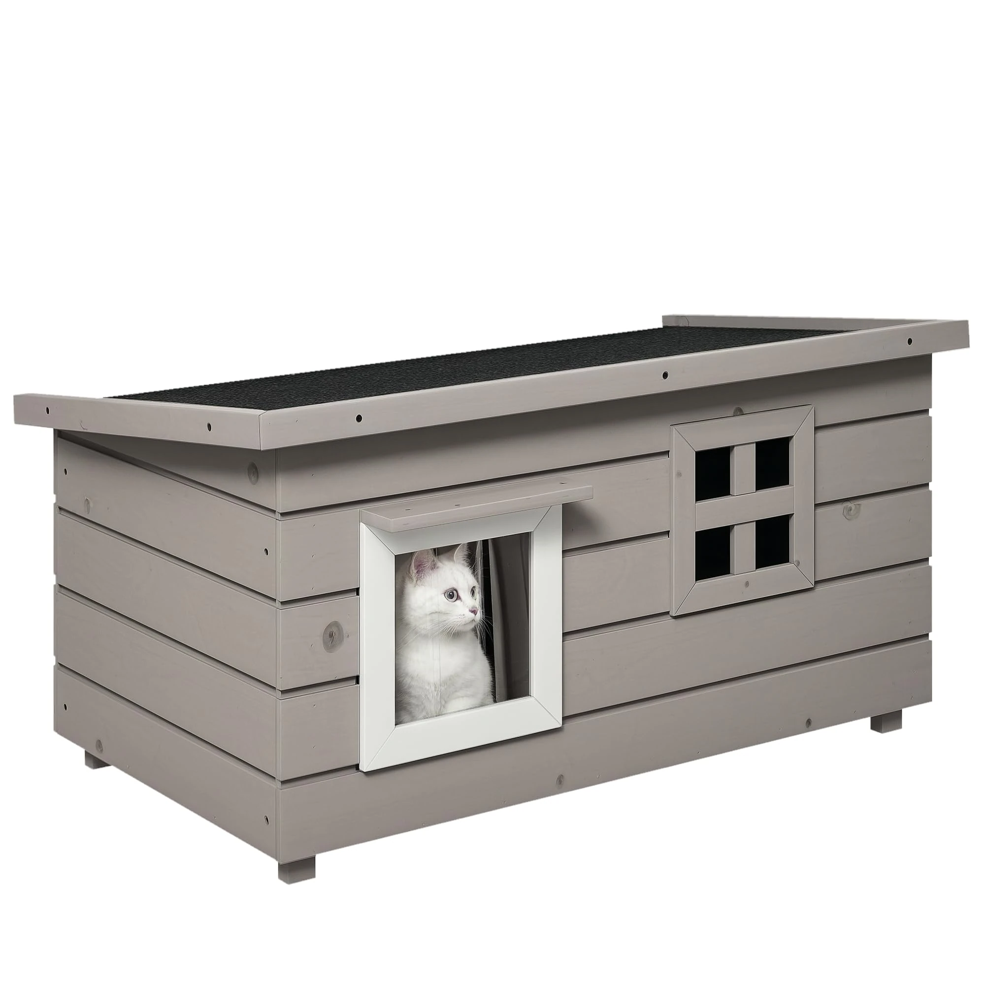 PawHut Outdoor Cat House with Openable Top, Asphalt Roof, Window, Grey