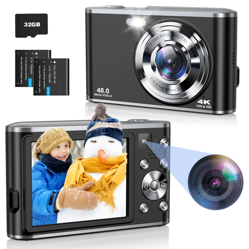 Digital Camera for Kids with 32GB Card, 48MP 4K HD Camera with 16X Digital Zoom and 2 Batteries for Boys, 2.8 Inch LCD Rechargeable for Beginners