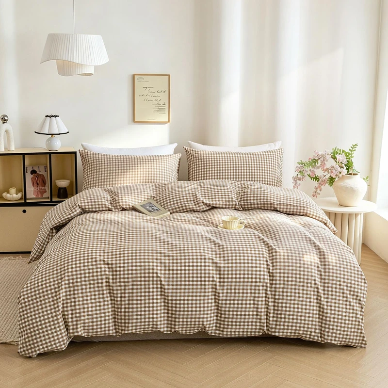 Mucalis Tan Gingham Duvet Cover King 100% Washed Cotton Beige Cream Checked Duvet Cover Set Modern Plaid 3 Piece Grid Bedding Set with Zipper Closure Corner Ties,Durable,Breathable,Easy Care