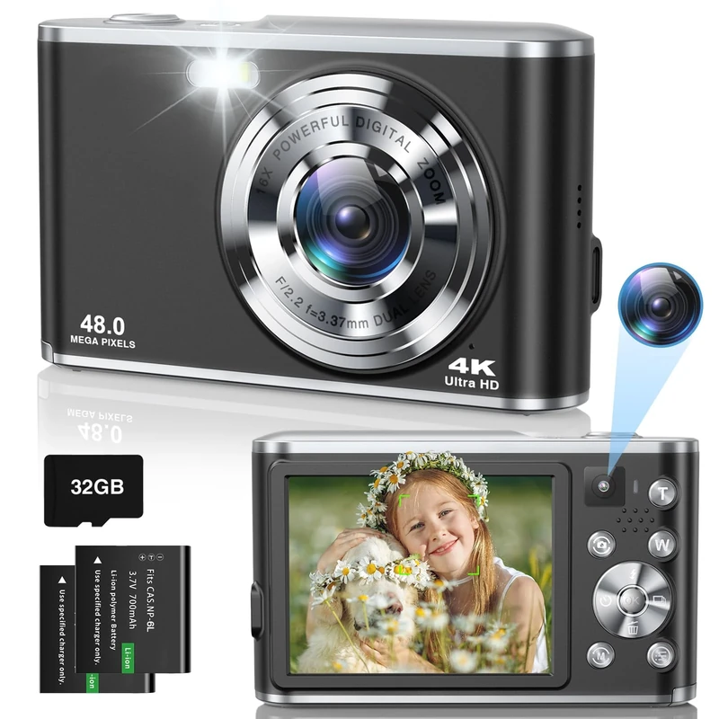 Digital Camera- Compact Camera 4K 48MP Autofocus Dual-Lens with 32GB SD Card, 2.8" Screen, 16X Zoom, 2 Batteries, Vlogging Selfie Camera for Kids & Beginners