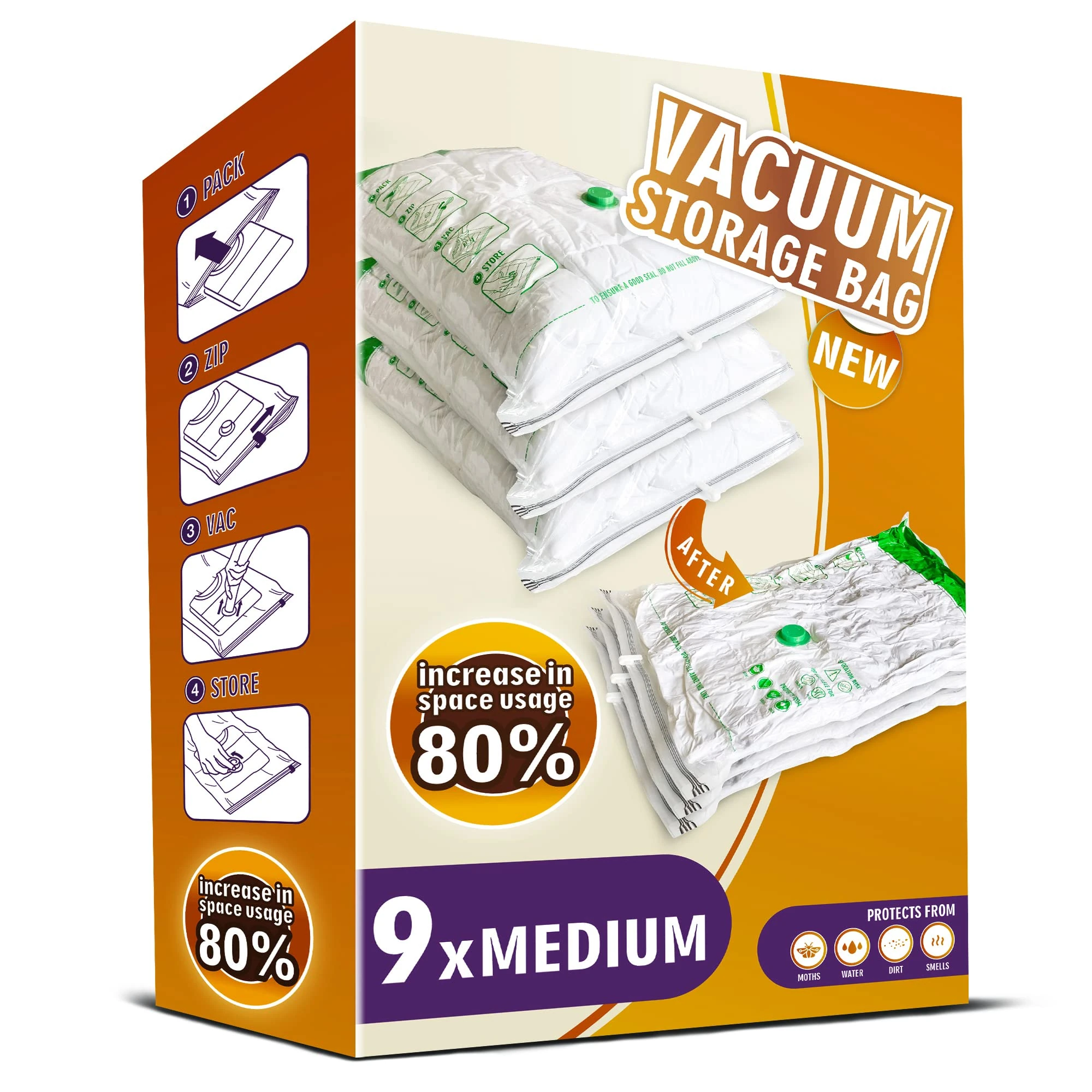 Storage Master Space Saver Bags for Travel and Home Reusable Vacuum Storage Bags Save 80% More Storage Space Work with Vacuum Cleaner (9 Medium, No Pump Included)