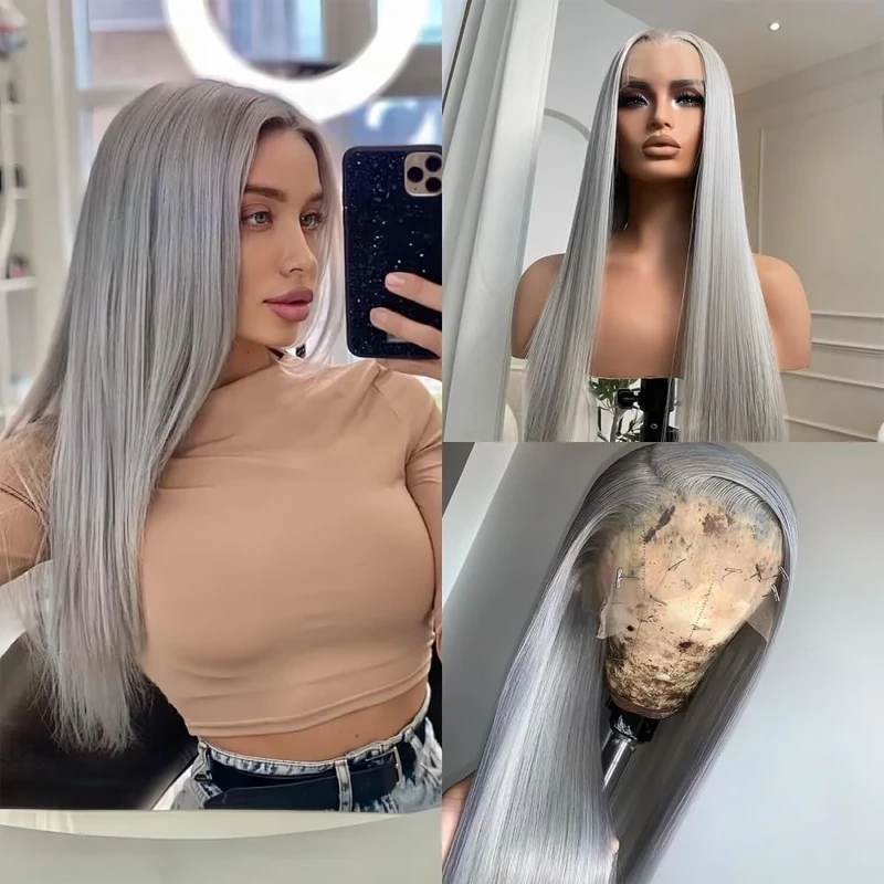 Wigs for Women White Platinum Blonde Straight Lace Front Human Hair Wigs 13x4 HD Transparent 180% Density Lace Front Wigs Curly wig(Grey,28 Inch)