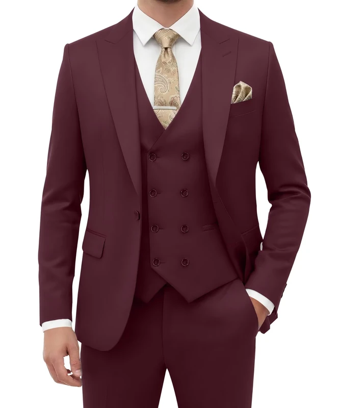 Suit for Men Wedding Slim Fit 3 Piece Set Blazer Jacket Vest Pants Tuxedo Suits for Groomsmen Business Prom Party Sport Coat, Burgundy, M