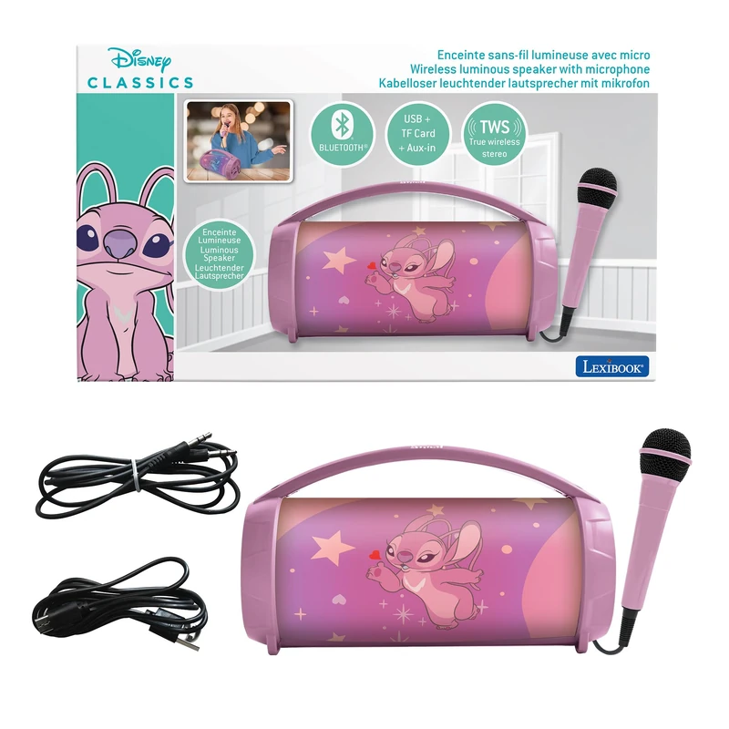 LEXIBOOK, Disney Stitch, Angel wireless light speaker with microphone, Stereo sound, Karaoke function, USB and SD card ports, Rechargeable battery, Handle to carry everywhere, Pink, BTP585D1Z