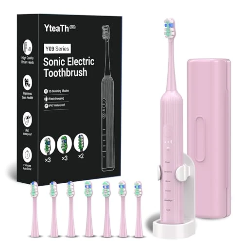 Sonic Electric Toothbrush for Adult with 7 Brush Heads and Travel Case, Durable Wireless Fast Charger, 5 Modes and Smart Timer, Travel Brush, Pink