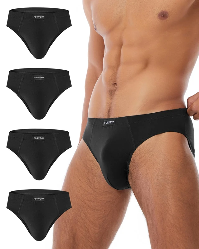 FORVEVO Men's Underwear Briefs, Cotton Mens Underpants, Breathable Stretch Waistband Soft No Labels Briefs Slips Underwear with Pockets 4 Pack (Black, M)