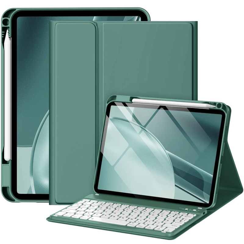 drivego Keyboard Case for iPad A16 11th/10th Genration (2025/2022 11/10.9 Inch) with Pencil Holder, Anti-fall Keycaps Detachable Bluetooth Keyboard Cover for iPad 10/11, QWERTY UK Layout, PineGreen
