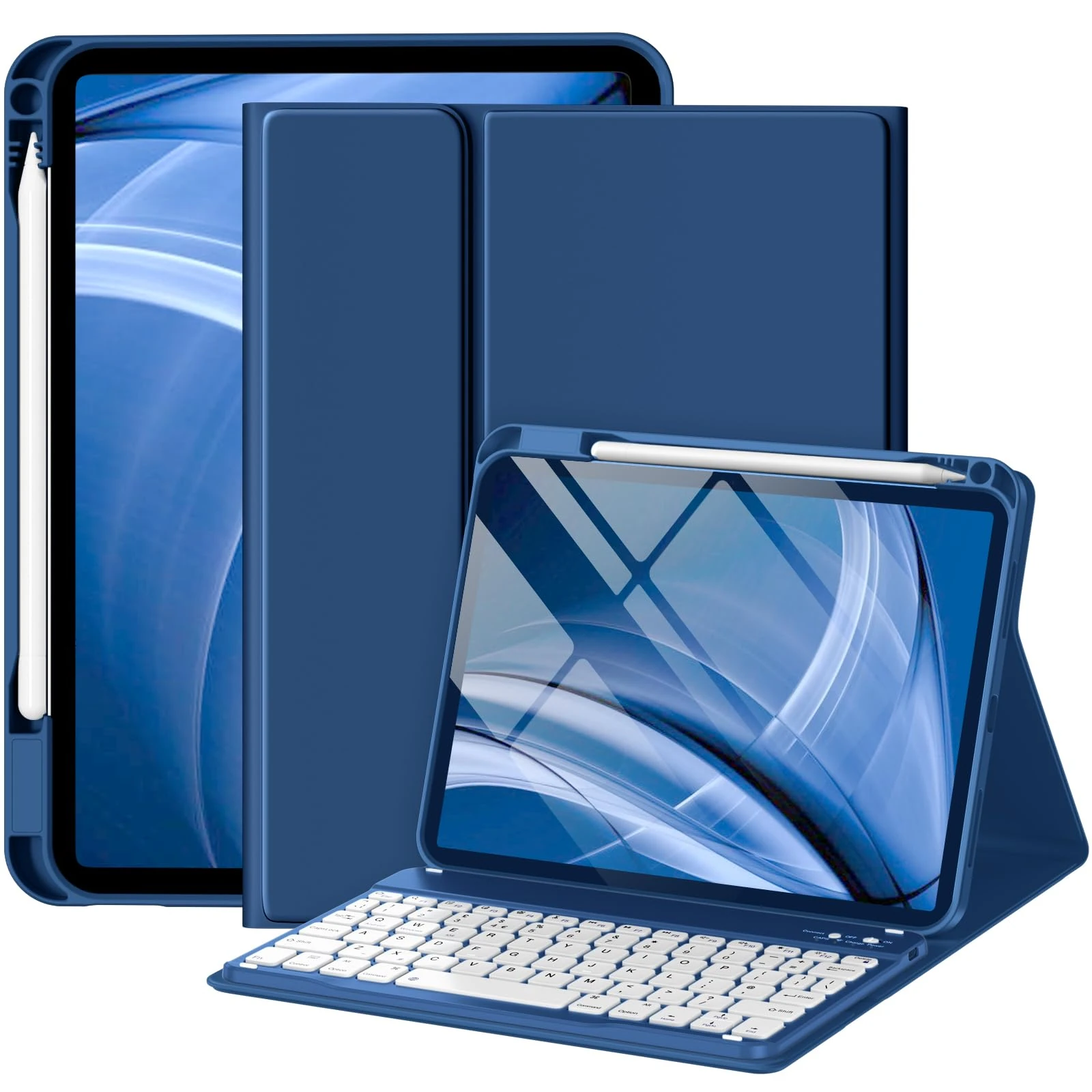 drivego Keyboard Case for iPad A16 11th/10th Genration (2025/2022 11/10.9 Inch) with Pencil Holder, Anti-fall Keycaps Detachable Bluetooth Keyboard Cover for iPad 10/11, QWERTY UK Layout, NavyBlue