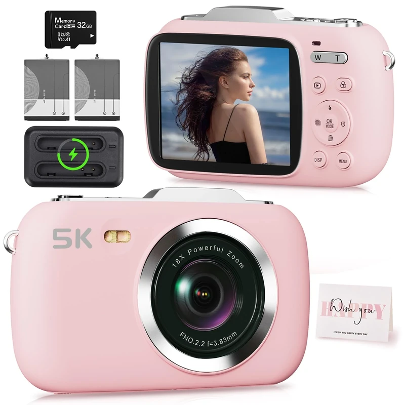 Digital Camera,5K Cameras for Photography,80MP UHD Portable Vlogging Camera,Cheap 18X Zoom Travel Point and Shoot Camera with 32GB TF Card,Photography Cameras for Beginners Teen - Pink