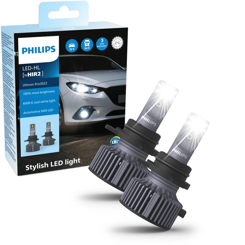 Philips Ultinon Pro3022 LED Car Headlight Bulb (HIR2), +100%, cool white light of 6.000K, set of 2