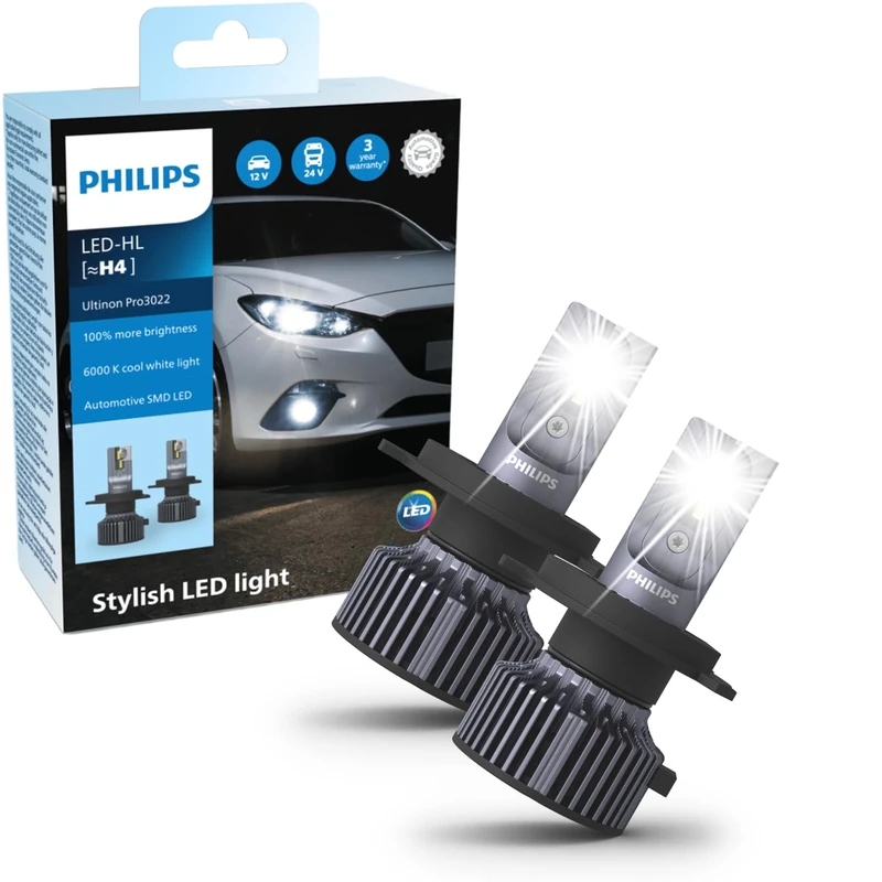 Philips Ultinon Pro3022 LED Car Headlight Bulb (H4), +100%, cool white light of 6.000K, set of 2