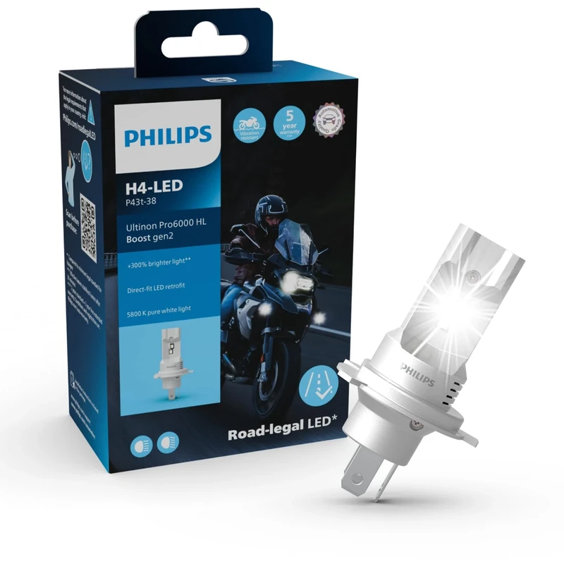 Philips Ultinon Pro6000 Boost gen2 LED Motorcycle Light H4-LED*, +300% Brighter**, 5800 K