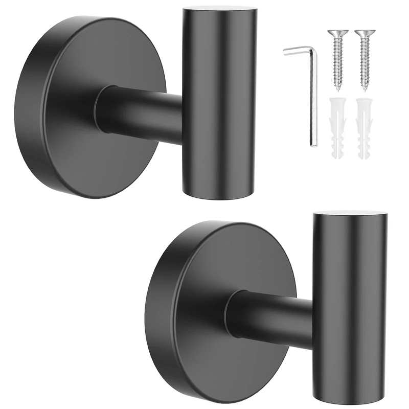 SetSail Towel Hooks for Bathrooms 2 Packs Matte Black Bathroom Towel Hook Wall Mounted 304 Stainless Steel Shower Towel Hooks for Coat Hanging, Drilling Hole