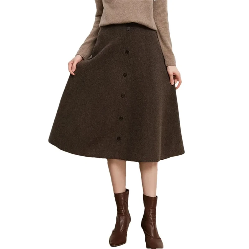 Women's Merino Wool Knit Skirt Solid Color A-Line Elastic Waist Office Casual Mini Skirts Coffee L(0810)