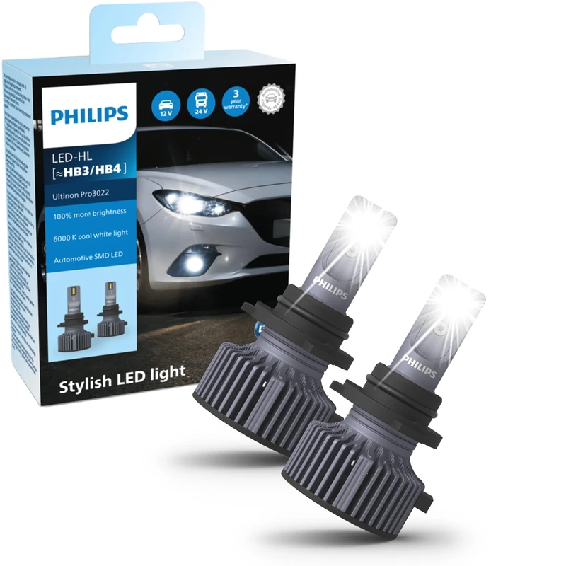 Philips Ultinon Pro3022 LED Car Headlight Bulb (HB3/HB4), +100%, cool white light of 6.000K, set of 2