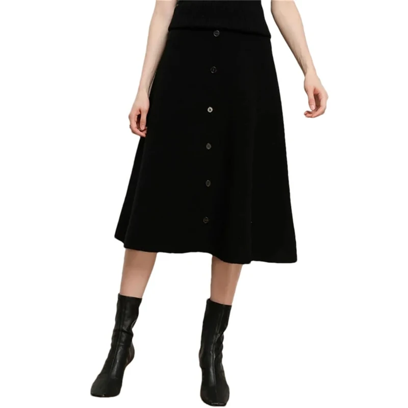 Women's Merino Wool Knit Skirt Solid Color A-Line Elastic Waist Office Casual Mini Skirts Black L(0810)