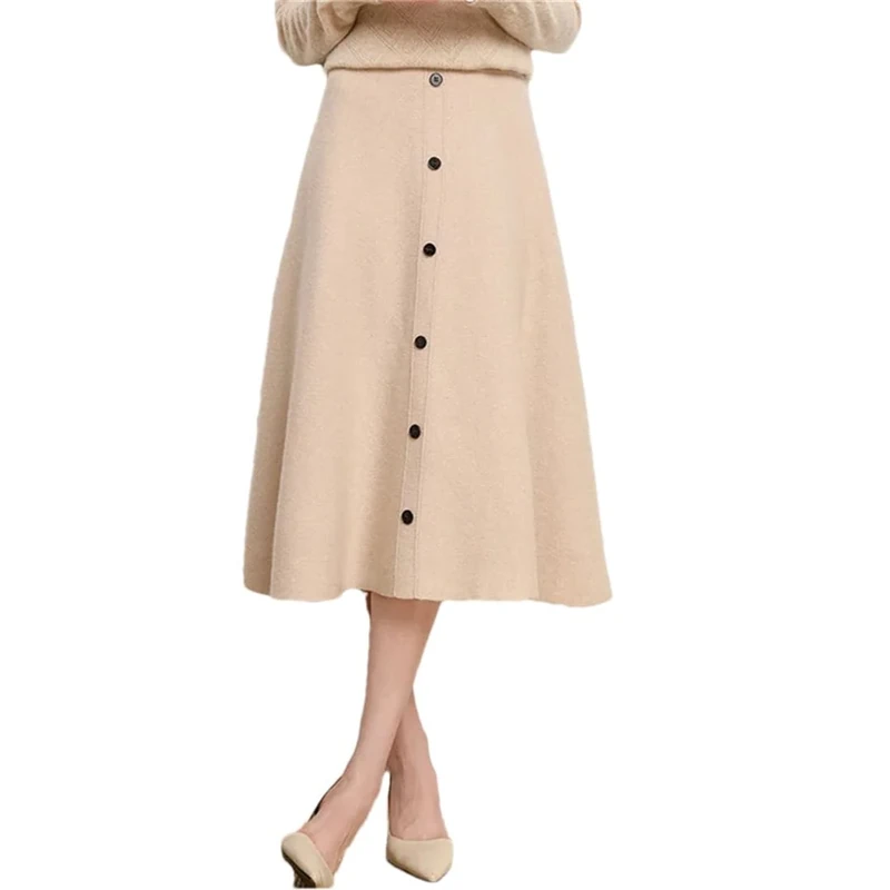 Women's Merino Wool Knit Skirt Solid Color A-Line Elastic Waist Office Casual Mini Skirts Oatmeal L(0810)