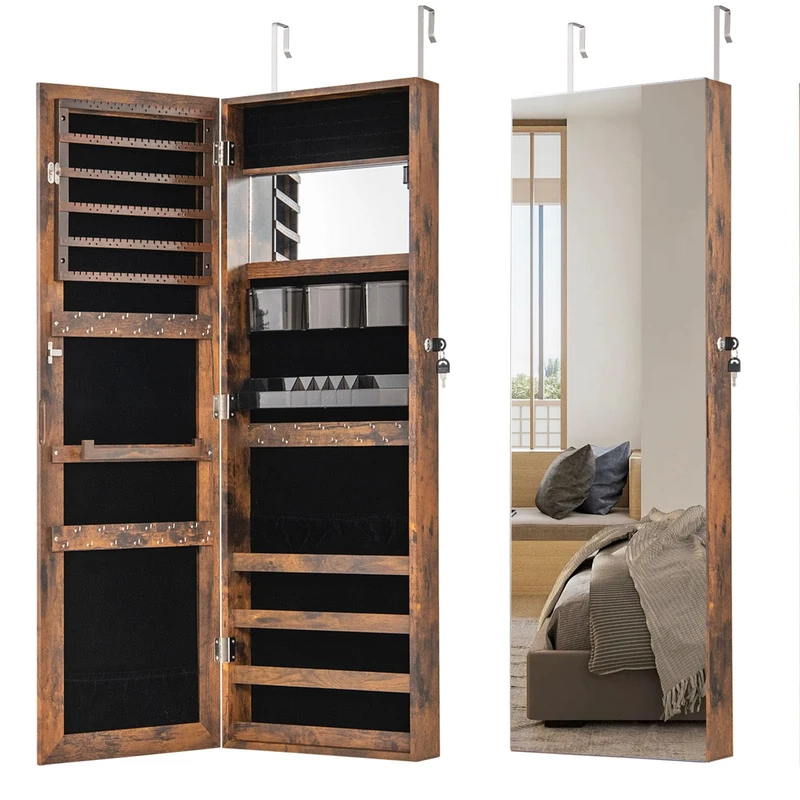 RELAX4LIFE Jewellery Cabinet, Wall/Door Mounted Cosmetics Makeup Jewelry Armoire with Full Length Mirror & Interior Makeup Mirror, Lockable Mirrored Jewellery Storage Organizer (Rustic Brown)