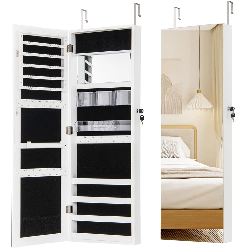 RELAX4LIFE Jewellery Cabinet, Wall/Door Mounted Cosmetics Makeup Jewelry Armoire with Full Length Mirror & Interior Makeup Mirror, Lockable Mirrored Jewellery Storage Organizer (White)