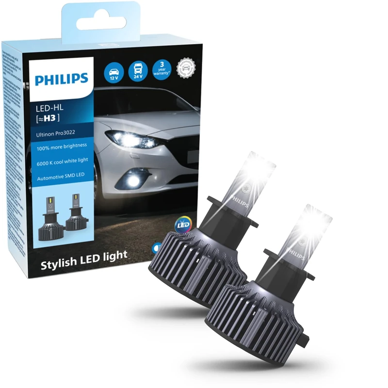 Philips Ultinon Pro3022 LED Car Headlight Bulb (H3), +100%, cool white light of 6.000K, set of 2