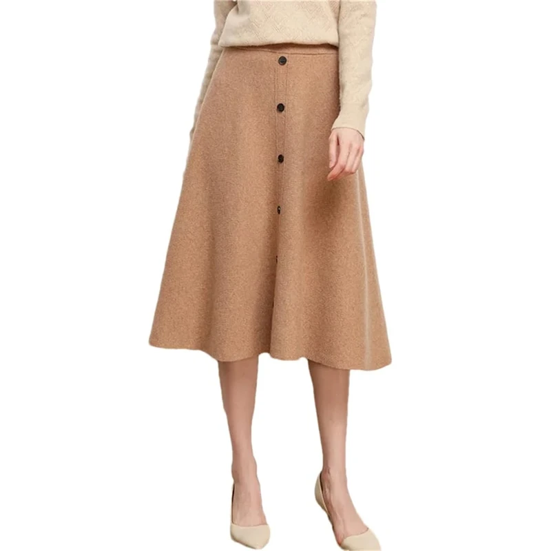 Women's Merino Wool Knit Skirt Solid Color A-Line Elastic Waist Office Casual Mini Skirts Gray L(0810)