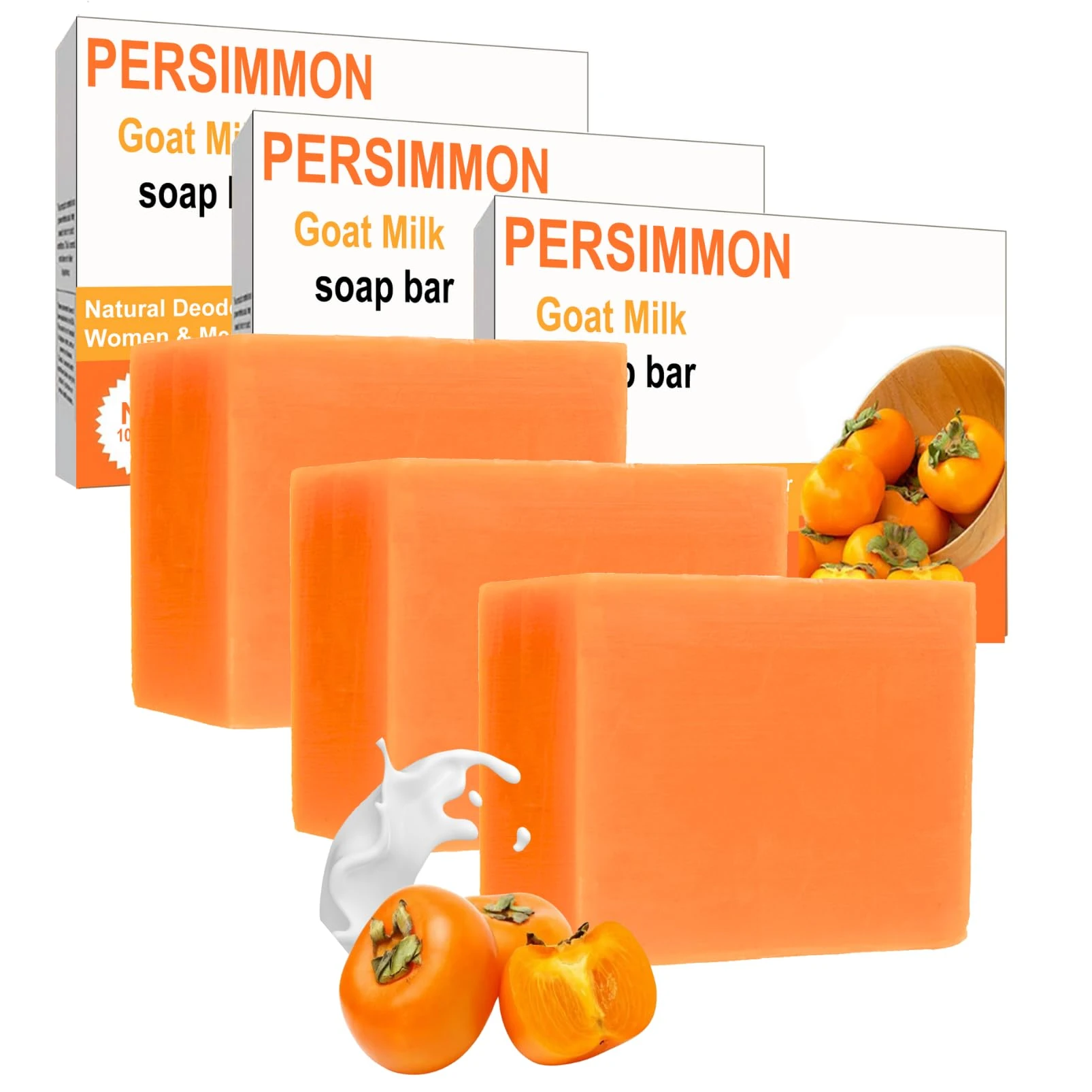 3pcs Anti Odor Persimmon Soap - Cleaning Persimmon Goat Milk Soap - Body & Face Persimmons Soaps for Old People Smell - Gentle Ingredient Body Odor Soaps Bar for Women,Men