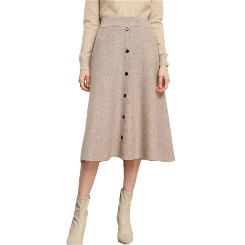 Women's Merino Wool Knit Skirt Solid Color A-Line Elastic Waist Office Casual Mini Skirts Brown L(0810)