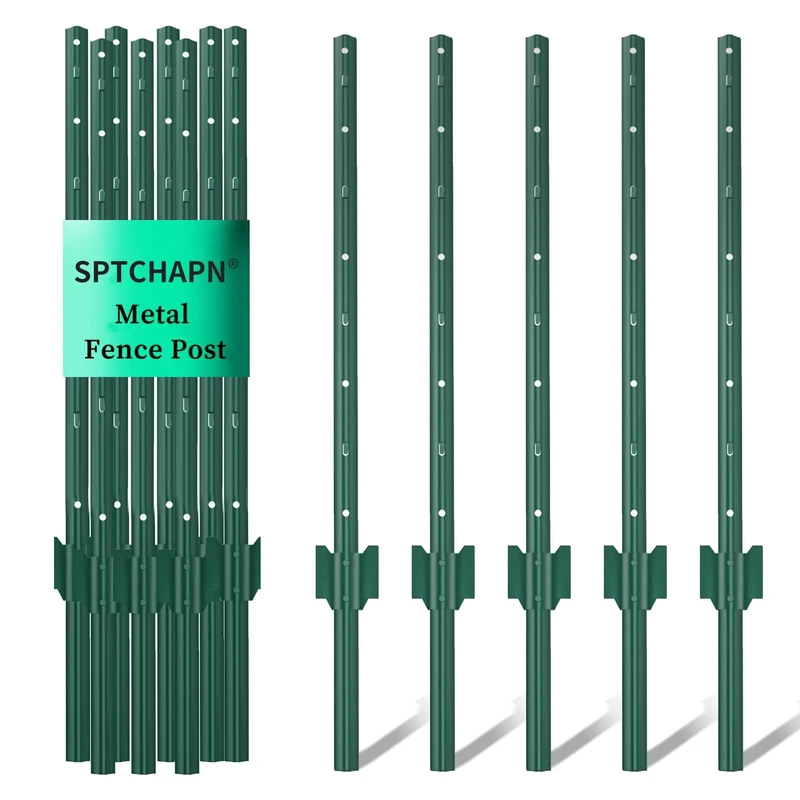 sptchapn 118cm / 46.8in Sturdy and Durable Metal Fence Post, Pack of 5 for Garden Patio and Outdoor Wire U-Shaped Fence Post Green T-Posts (5)