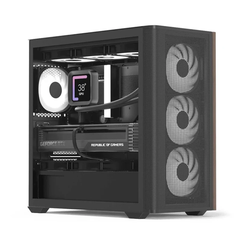 AeroCool D301A Mid-Tower Case, Gaming PC Case, Optimised Airflow, Wood Mesh Front Panel, Slim Design, Includes 4 RGB Fans, Compatible with ASUS and MSI M-ATX Motherboards, USB Type C, Black