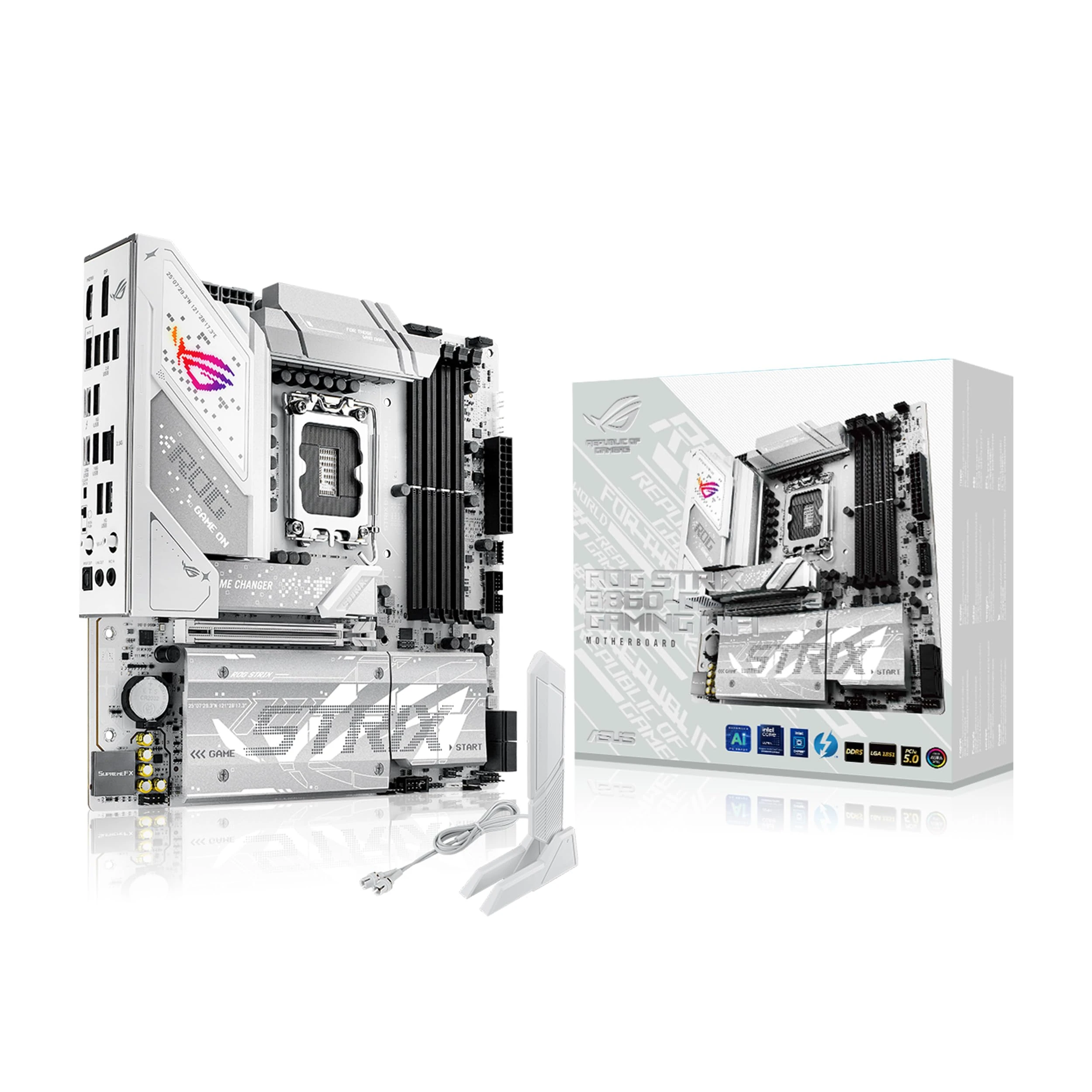 ASUS ROG Strix B860-G Gaming WiFi mATX motherboard, Advanced AI PC-ready, 14+1+2+1 power stages, DDR5 slots, PCIe 5.0, four M.2 slots, WiFi 7, AI Networking II, Aura Sync RGB lighting.