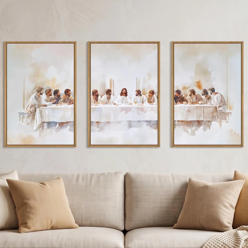 KAIRNE Jesus Last Supper Framed Canvas Wall Art Set, Christian Twelve Apostle Wall Decor, Bible Renaissance wall Painting, Religious Picture Art Print for Living Room, Bedroom, Church, Large 16"x24"x3