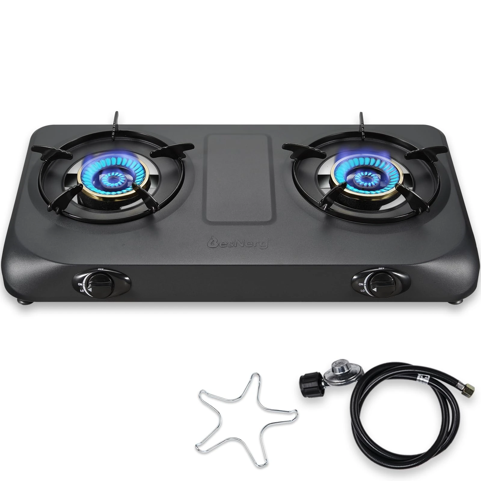 BesNerg Propane Stove 2 Burner Gas Stove Top, 27200 BTU High-Efficiency LPG Metal Cooktop With Auto Ignition, CSA Regulator and Hose, Perfect for Outdoor Kitchen, Camping, RV & Emergency Cooking