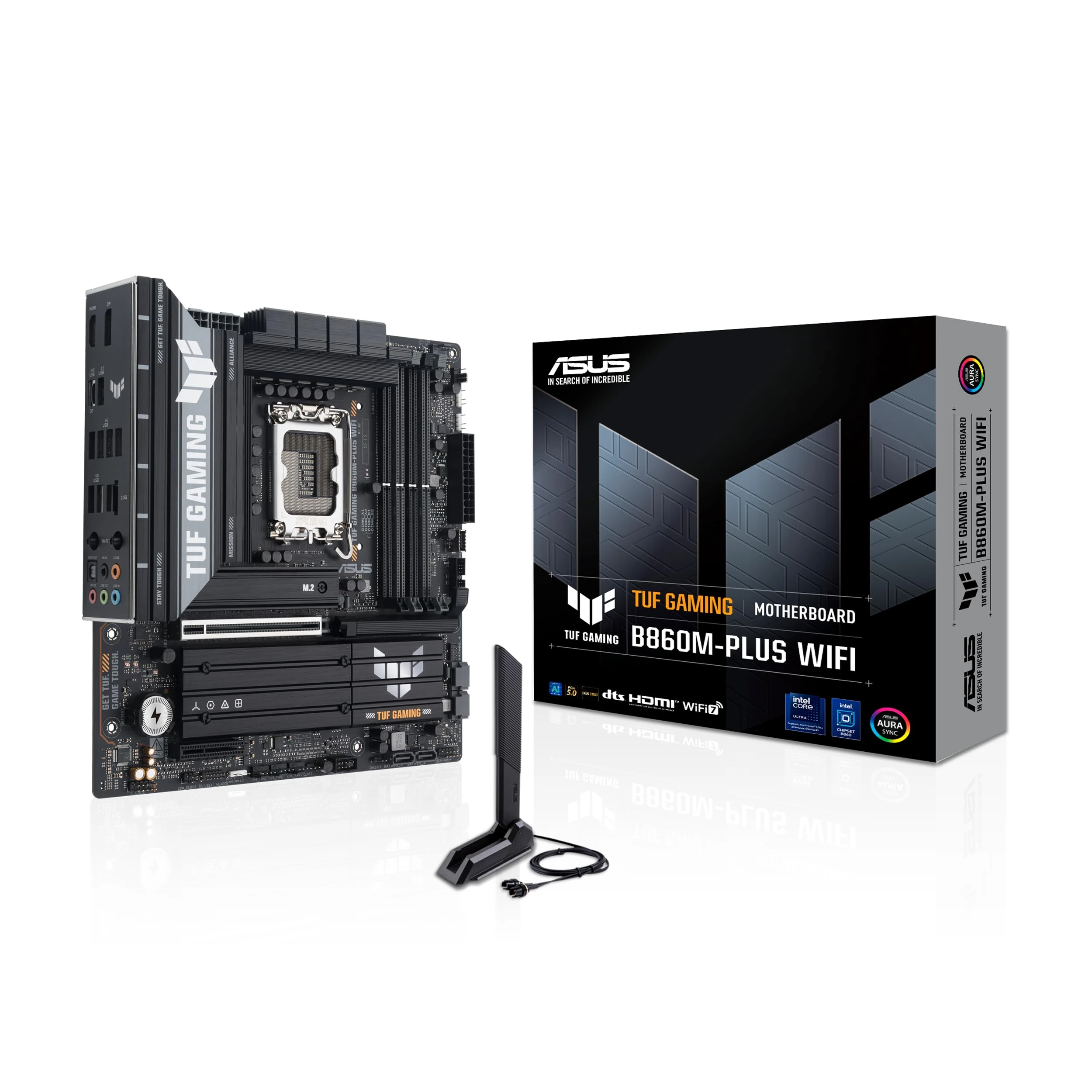 ASUS TUF GAMING B860M PLUS WIFI Intel mATX motherboard, 12+1+2+1 80A DrMOS power stages, DDR5, PCIe 5.0, 3xM.2 slots, WiFi 7, 2.5Gb Ethernet, DisplayPort, HDMI, USB 20Gbps Type-C with DP Alt mode