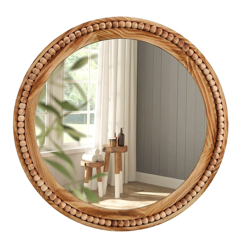 Ulike Round Mirror with Natural Wooden Bead Frame, 24 Inch Rustic Farmhouse Wall Mirror for Bathroom Nursery Bedroom Living Room