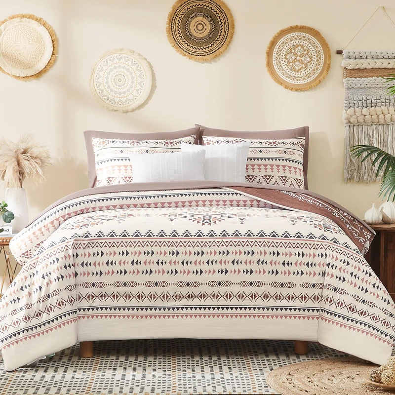 Geniospin Full Comforter Set, Boho Aztec Comforter Set 7 Pieces,Burgundy All Season Reversible Bed in A Bag, Soft Microfiber Fill Bedding, Lightweight, Warm and Breathable (Full, 80"x90")
