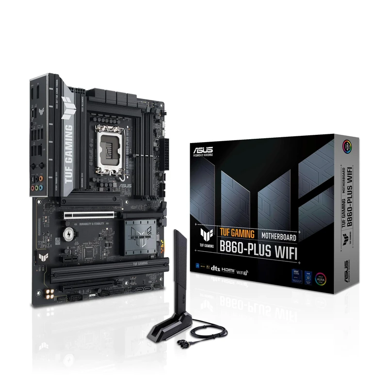 ASUS TUF GAMING B860 PLUS WIFI Intel ATX motherboard, 12+1+2+1 80A DrMOS power stages, DDR5, PCIe 5.0, 3xM.2 slots, WiFi 7, 2.5Gb Ethernet, DisplayPort, USB 20Gbps Type-C with DP Alt mode