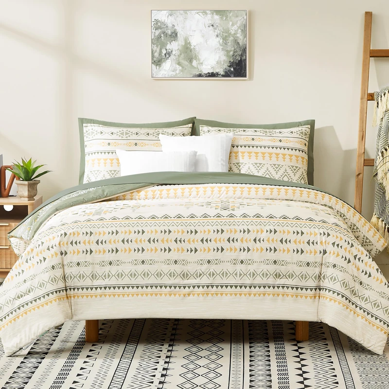 Geniospin Full Comforter Set, Boho Aztec Comforter Set 7 Pieces,Olive Green All Season Reversible Bed in A Bag, Soft Microfiber Fill Bedding, Lightweight, Warm and Breathable (Full, 80"x90")