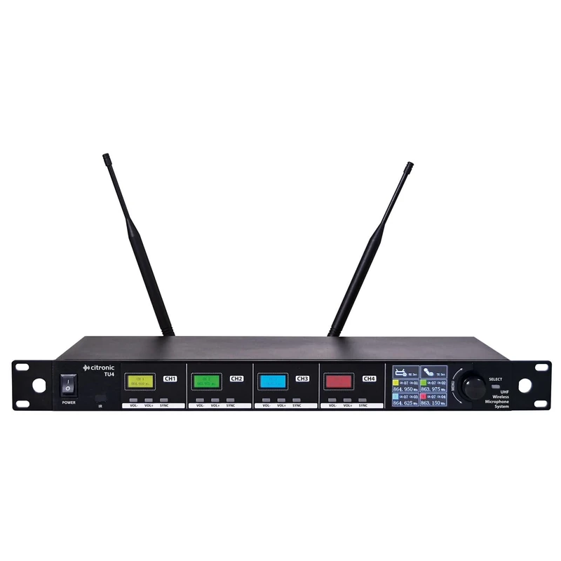 citronic | Quad Wireless Microphone System with Tuneable UHF License Free Frequencies, Stage, Theatre, Performance | 4 x UHF wireless Handheld Microphones, Independent 7-band EQ for Each Channel