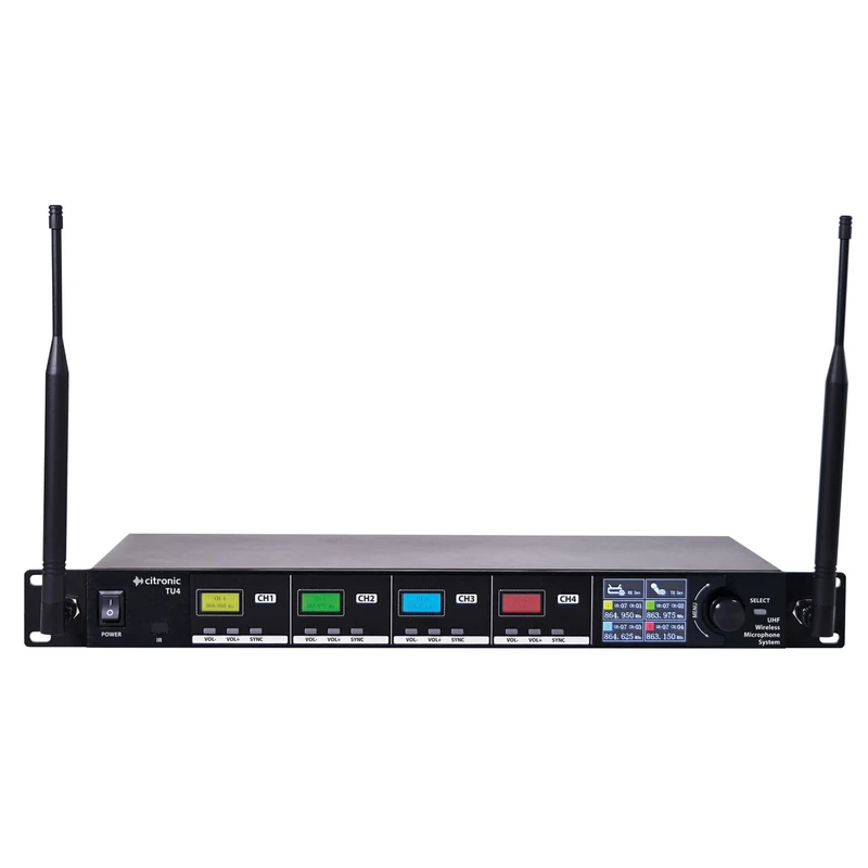 citronic | Quad Wireless Microphone System with Tuneable UHF License Free Frequencies, Stage, Theatre, Performance | 4 x Bodypack Transmitters with Neckband & Clip Microphones, Fully Programmable