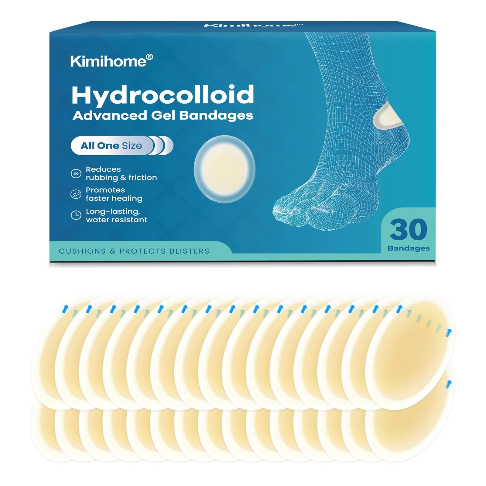 Hydrocolloid Blister Bandages for Feet - 30ct Gel Blister Cushions for Heel, Toe - Blister Prevention for Travel - Water Resistant Bandages Pads(Heel Pack)