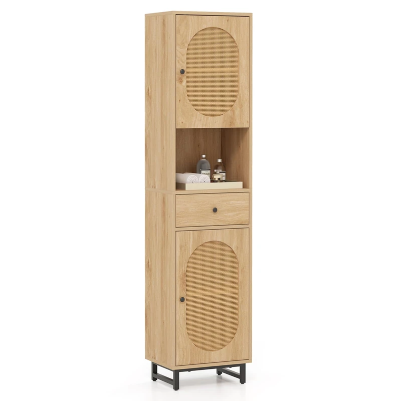 RELAX4LIFE Bathroom Tall Cabinet, Wooden Slim Storage Cupboard with PE Rattan Doors, Adjustable Shelves and Drawer, Freestanding Narrow Bathroom Organizer Tallboy Unit - Image 1