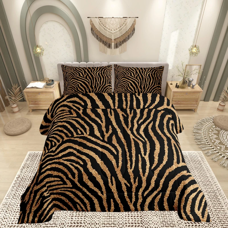 Castle Fairy Wild Animal Skin 3 Pcs King Size Comforter Set,Zebra Stripe Brown Black Down Alternative Adults Bedroom Decor,Zebra Print Ultra Soft Microfiber Inner Fill 3 Pcs Bedding