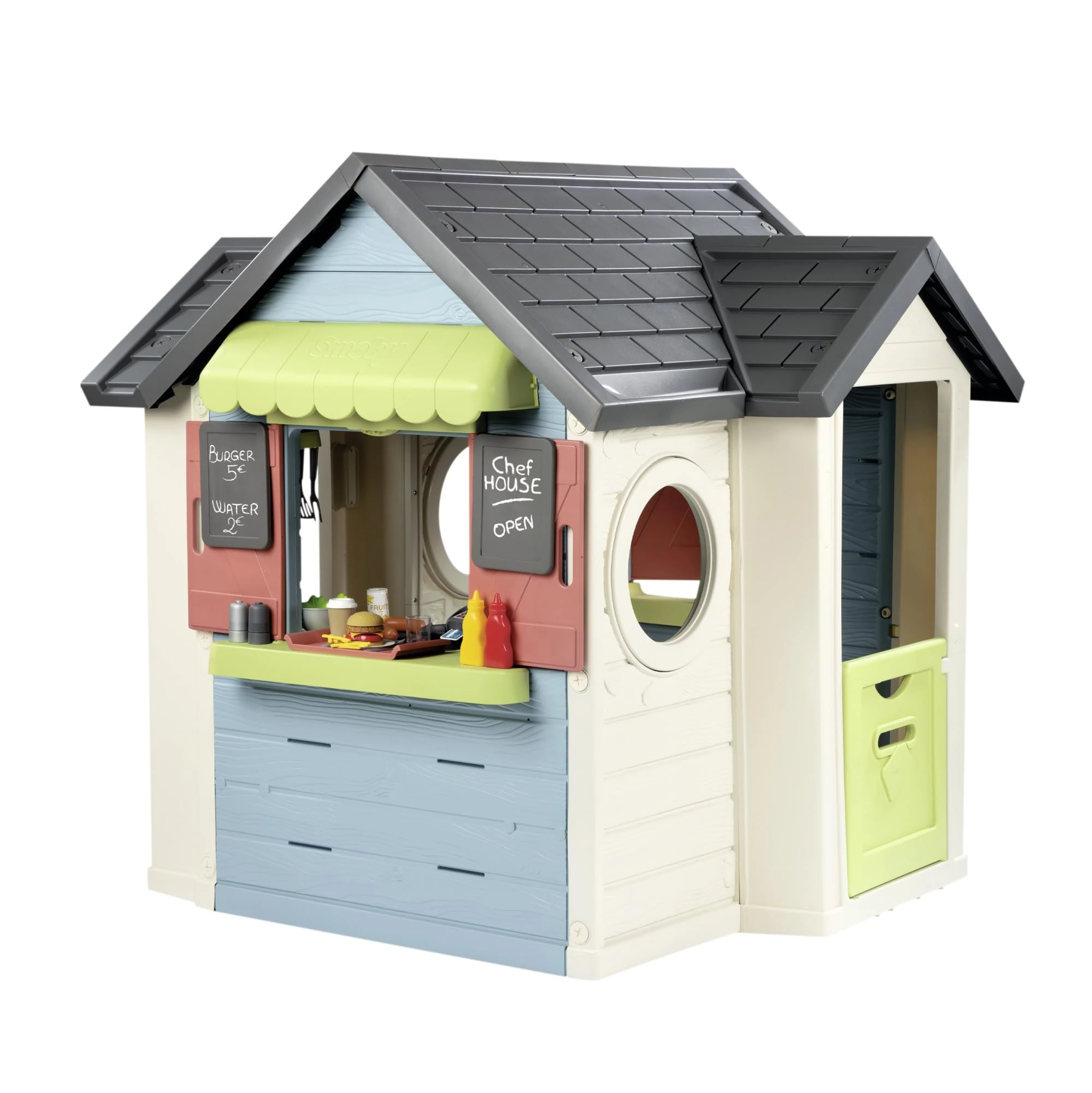 SMOBY LIFE CHEF HOUSE PLAYHOUSE, 1.3M TALL, OPEN WINDOW, DOOR WITH ACCESSORIES. Indoor/outdoor sustainable play with 66% recycled material