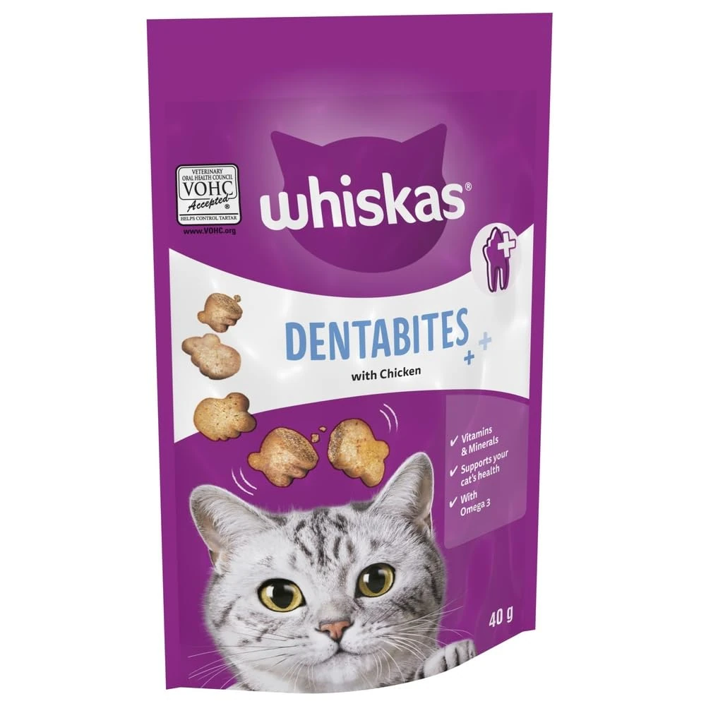 Whiskas Dentabites Cat Treats with Tasty Chicken - Oral Health Support for Cats 40 g (Pack of 6)