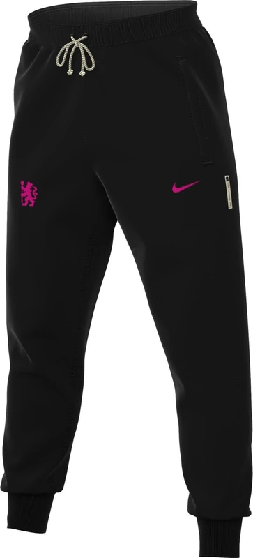 Nike FC Chelsea Standard Issue Third Dri-Fit Football Trousers with Slim Tapered Fit (Men), Black/Pink Prime, FZ4171-010, L
