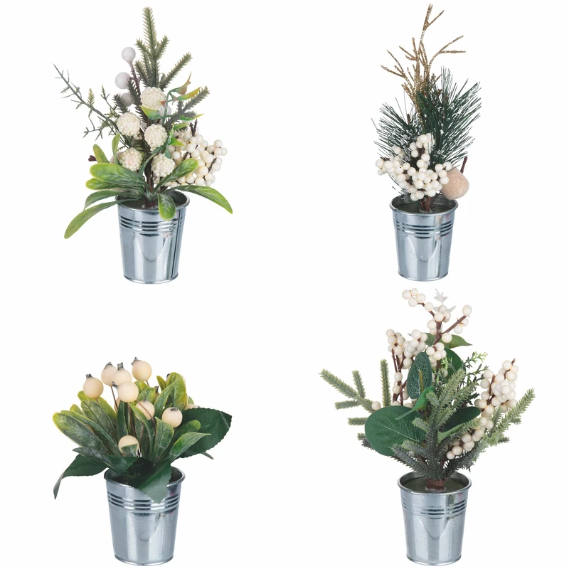 Set of 12 Artificial Christmas Plants, Iron Pot Diameter 6 x 16 cm, XMas Garden