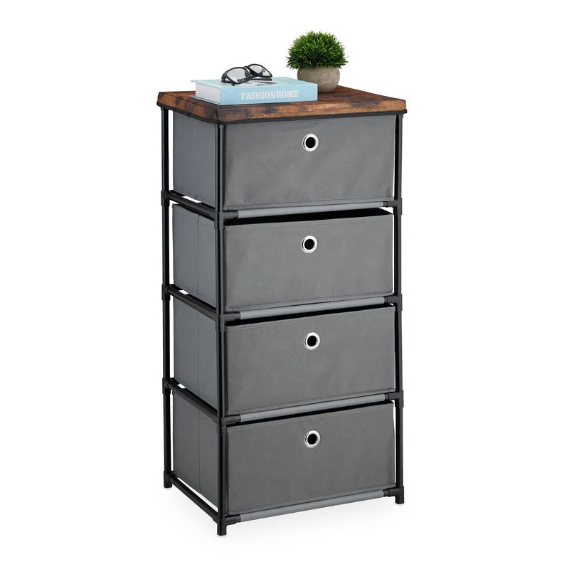 Relaxdays Dresser Storage Unit, 4 Fabric Drawers, Metal, Wood Effect, 85x43x33 cm, Side Table, Organiser, Grey/Brown