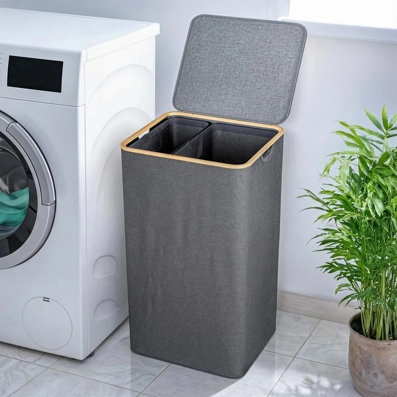 Björn&Schiller Laundry Hamper, 2 Compartments with Lid, 100 L, Grey, Narrow and High, Laundry Hamper, 2 Compartments, Laundry Basket with Lid, Laundry Basket with Compartments, Pockets